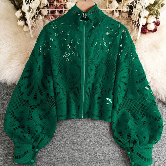 Women's Elegant Lace Lantern Sleeve Stand Collar Blouse - Picture 1 of 5